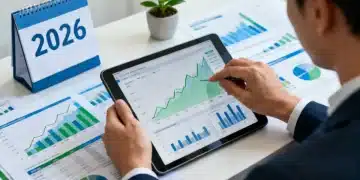 Pessoa analisando gráficos financeiros e calendários com foco em investimentos para 2026.