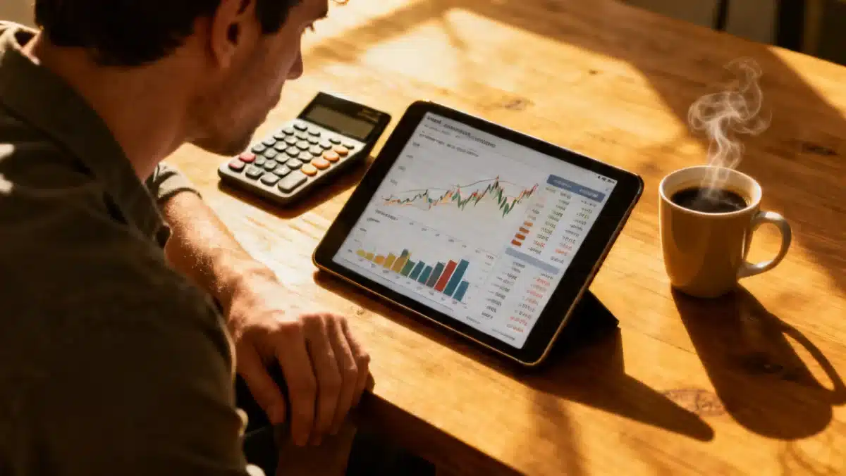 Pessoa analisando gráficos financeiros em tablet, com calculadora, representando decisões de investimento.