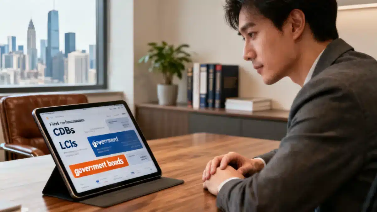Pessoa analisando opções de investimentos em renda fixa em um tablet, com gráficos e dados financeiros.