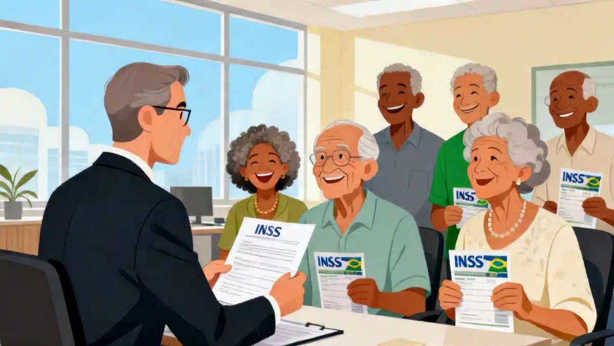 Grupo de aposentados brasileiros conversando com especialista sobre revisão do INSS
