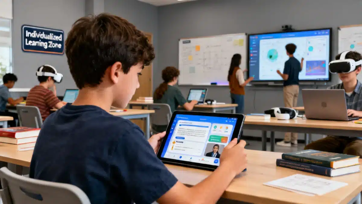 Estudante utilizando uma plataforma de aprendizado personalizado com inteligência artificial em um tablet, adaptando o conteúdo ao seu ritmo.