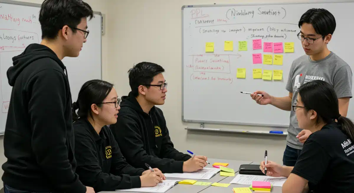 Grupo de estudantes engajados em uma sessão de aprendizagem baseada em problemas, discutindo um cenário complexo e colaborando ativamente.