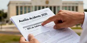 Mãos segurando um documento sobre Auxílio-Acidente 2026, com destaque para a indenização de 50% do salário, em um contexto de legalidade e direitos.