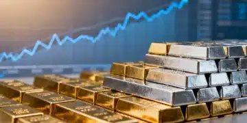 Barras de ouro e prata empilhadas, simbolizando segurança e valorização financeira.