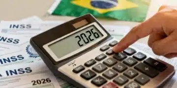 Pessoa analisando cálculos de aposentadoria do INSS em 2026 com lupa e documentos