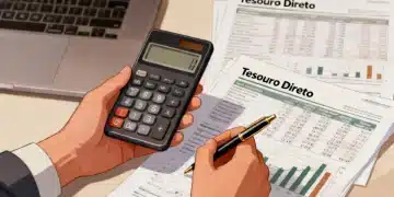 Pessoa calculando investimentos em Tesouro Direto com calculadora e documentos