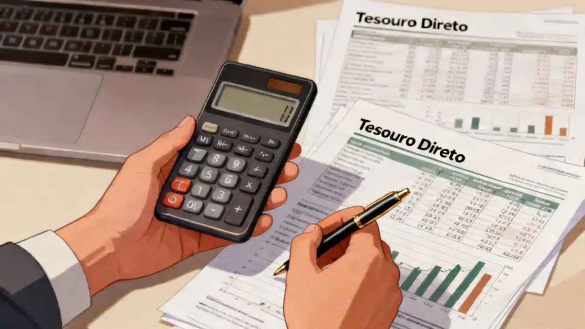 Pessoa calculando investimentos em Tesouro Direto com calculadora e documentos