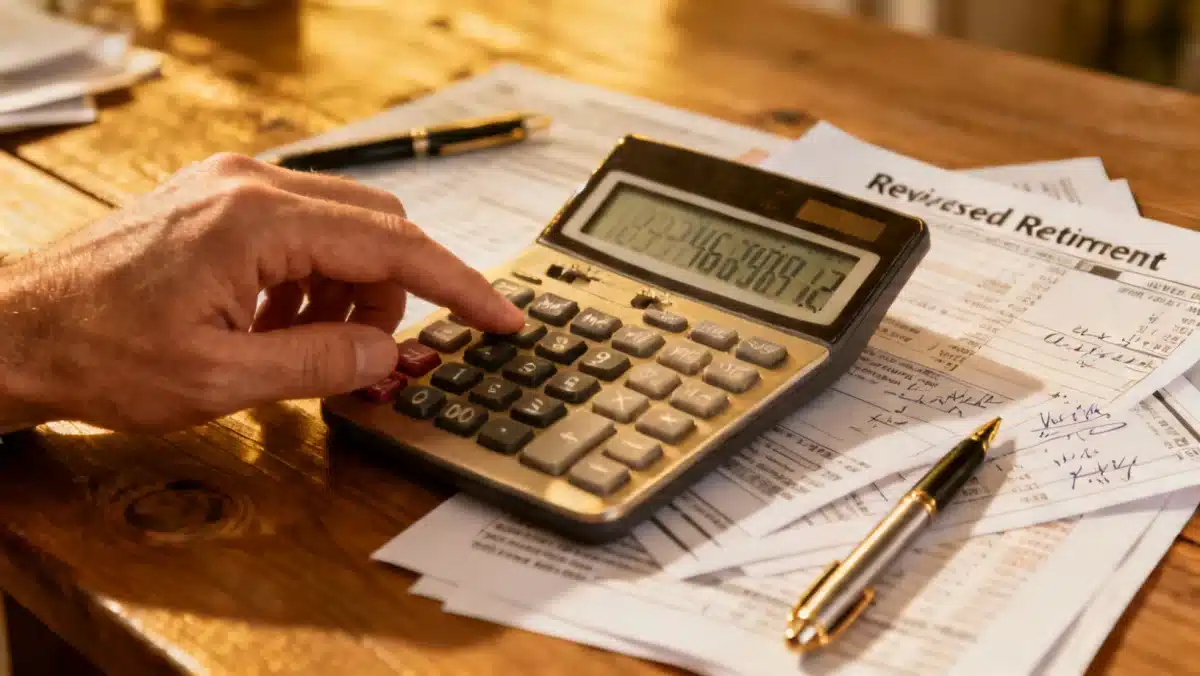 Mão utilizando calculadora para realizar cálculos de aposentadoria, com documentos financeiros e caneta sobre a mesa.