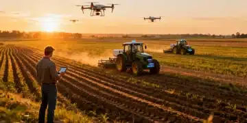 Agronegócio 2026: Tecnologias, Subsídios e Aumento da Produção Campo agrícola moderno ao amanhecer com drones e tratores autônomos, simbolizando a inovação no agronegócio.