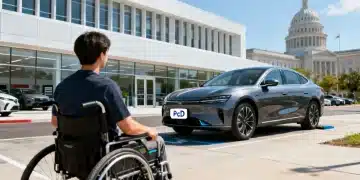 Pessoa com deficiência (PcD) observando um carro novo com adesivo PcD, simbolizando a conquista de novos direitos e descontos em 2026.