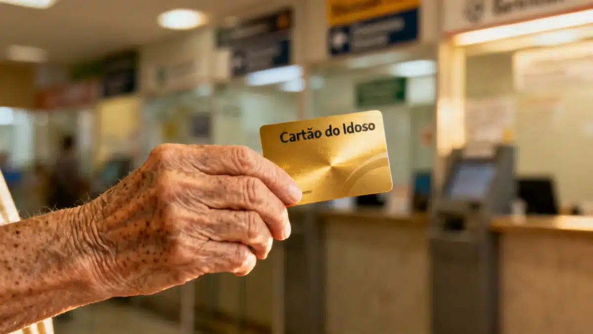 Mão de idoso segurando o Cartão do Idoso, com fundo de serviços, ilustrando as novas vantagens do benefício.