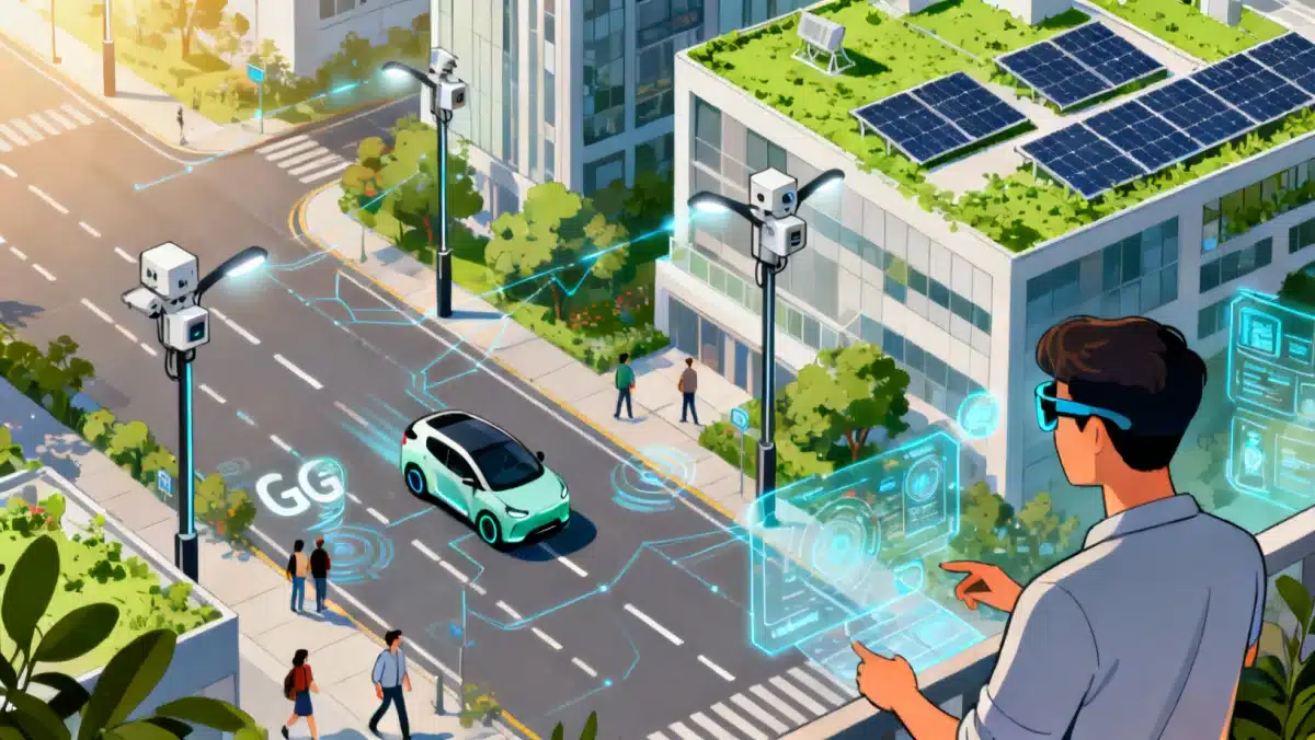 Ilustração de uma cidade inteligente com carros autônomos, sensores e edifícios conectados, demonstrando aplicações do 5G em ambientes urbanos.