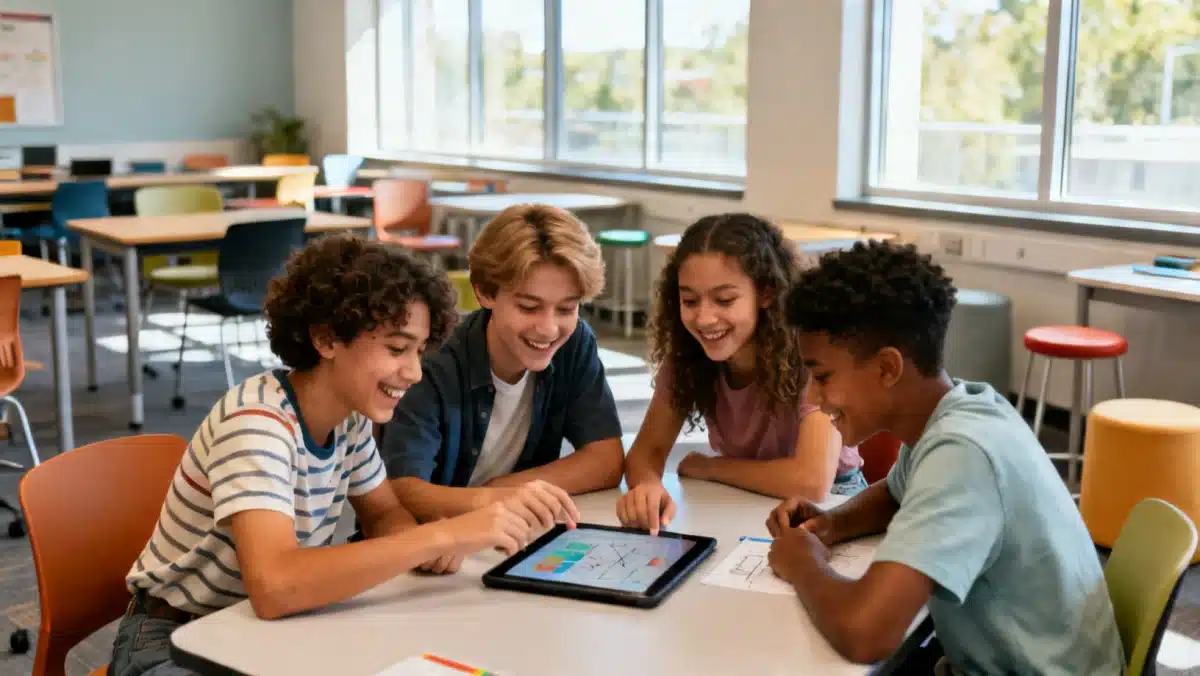 Grupo de alunos colaborando em projeto de aprendizagem baseada em problemas (PBL) em 2026.