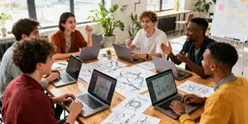 Empreendedores e artistas colaborando em um espaço moderno, discutindo novos projetos para eventos culturais e de lazer no Brasil.