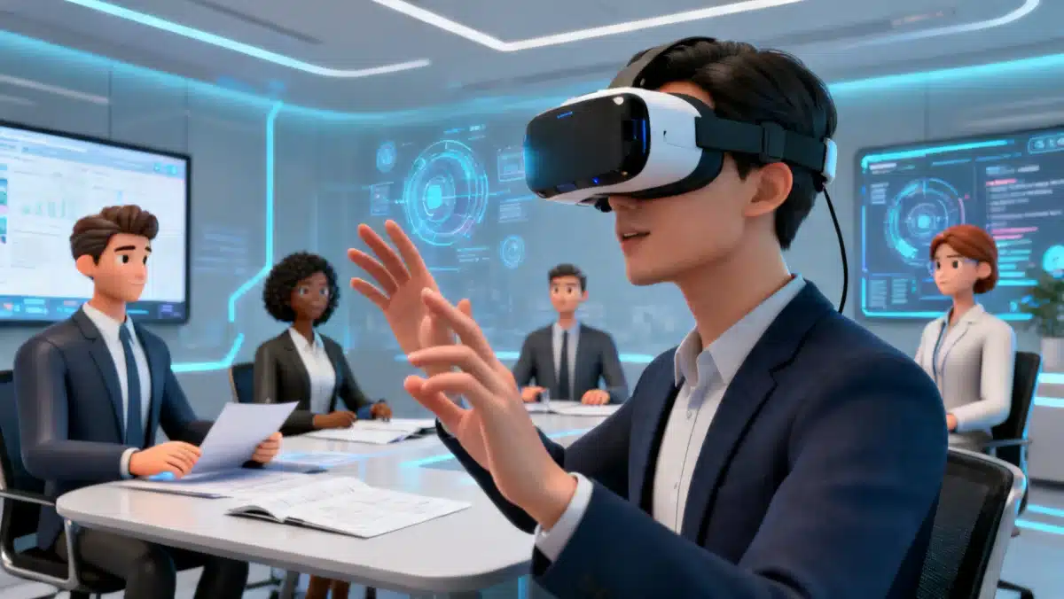 Profissionais colaborando em ambiente de realidade virtual para aprendizado imersivo e desenvolvimento de habilidades.