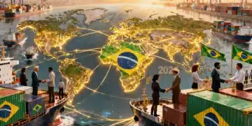 Mapa global com rotas de exportação do Brasil, simbolizando o crescimento do comércio internacional em 2026.