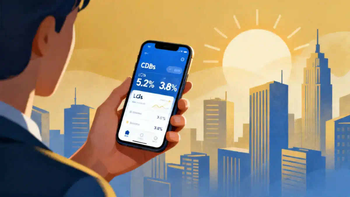 Pessoa usando aplicativo bancário para comparar taxas de CDBs e LCIs em 2026.