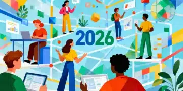 Ilustração de pessoas interagindo em um ambiente futurista, simbolizando o desenvolvimento de competências socioemocionais para o sucesso em 2026.