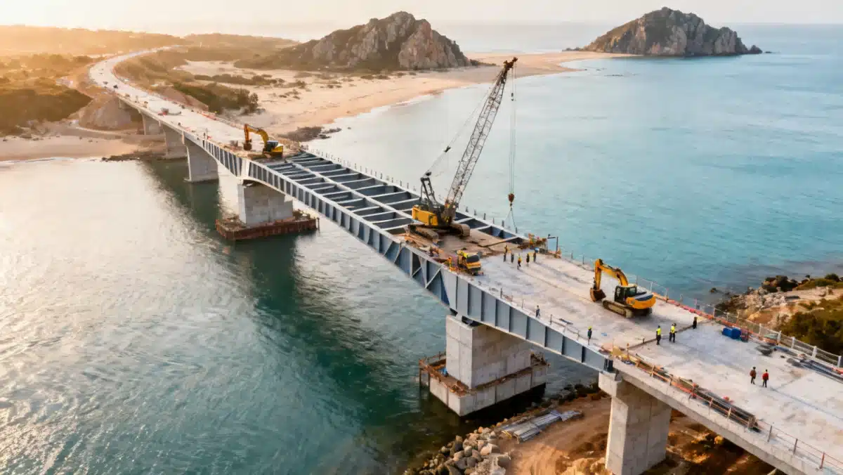 Vista aérea da construção avançada de uma ponte de grande porte, conectando duas regiões costeiras no Brasil.