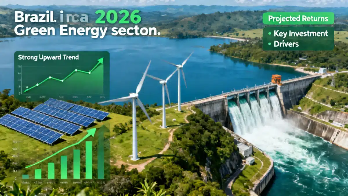 Infográfico detalhado sobre o crescimento do setor de energia verde no Brasil até 2026, com painéis solares, turbinas eólicas e gráficos financeiros de alta.