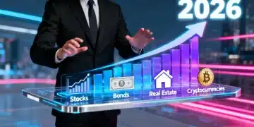 Gráfico futurista de crescimento financeiro com diversos ativos e uma pessoa analisando dados para 2026.