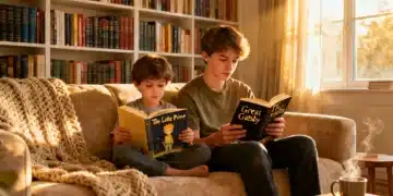 Criança e adolescente lendo livros em um ambiente acolhedor e moderno, simbolizando o estímulo à leitura e o desenvolvimento do hábito.