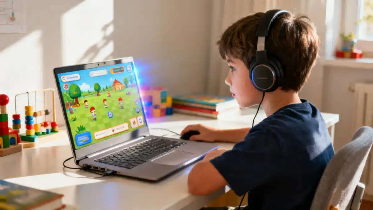 Criança concentrada em atividade educacional online no laptop, com fones de ouvido, em ambiente de estudo organizado.