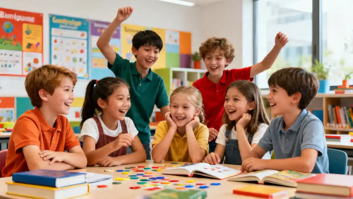 Crianças aprendendo um segundo idioma de forma lúdica e divertida em um ambiente escolar moderno.