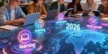 Interface digital futurista com ícones de cursos online e pessoas aprendendo, simbolizando educação e certificação para 2026.