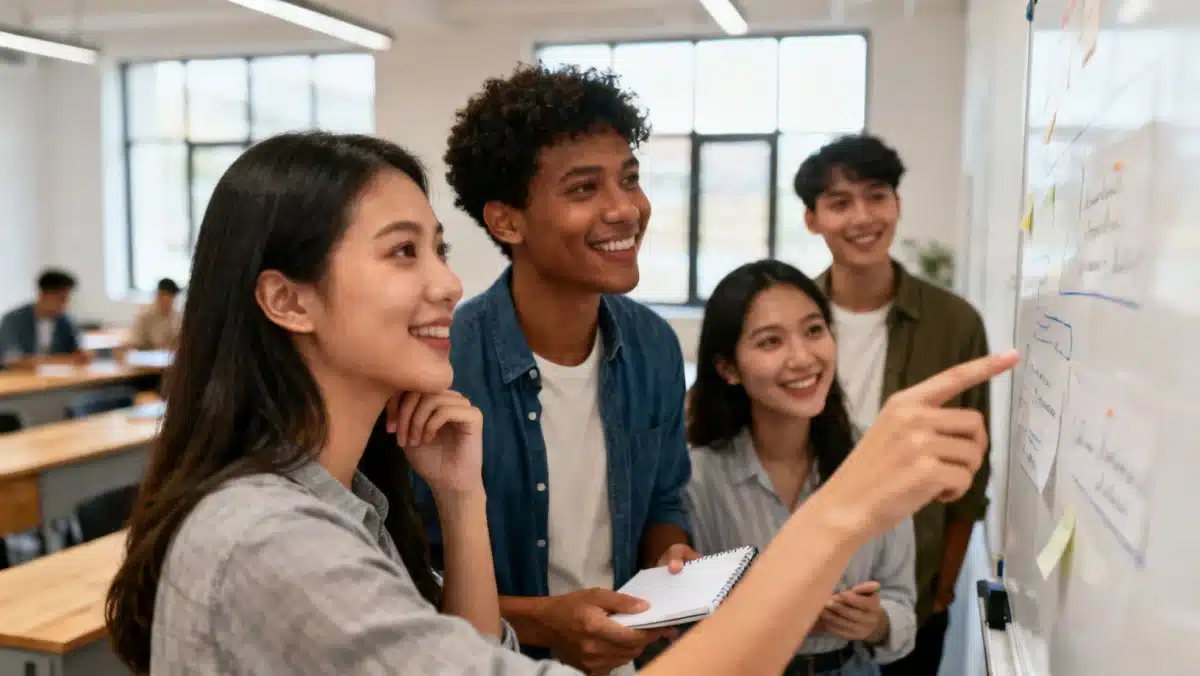 Jovens adultos em discussão, praticando escuta ativa e empatia em um ambiente colaborativo.