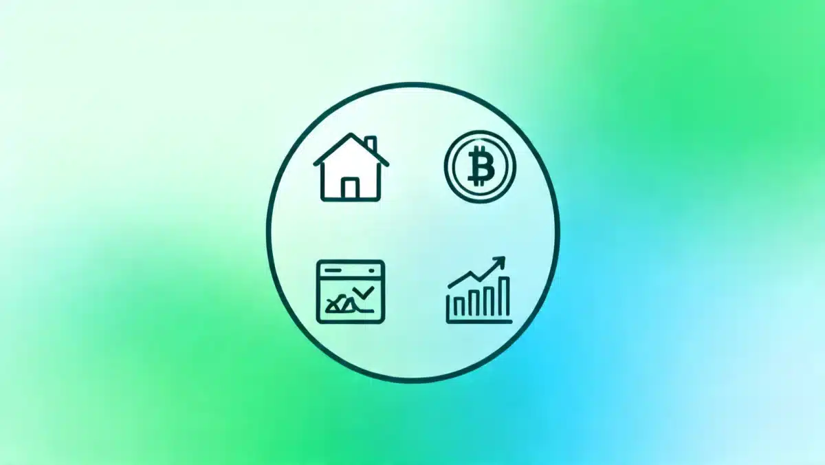 Ícones de diversos ativos financeiros representando a diversificação de portfólio.