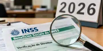 Documento do INSS com lupa, simbolizando a revisão da vida toda em 2026