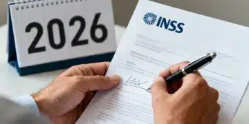 Pessoa analisando documentos do INSS com um calendário de 2026 ao fundo, simbolizando planejamento previdenciário.