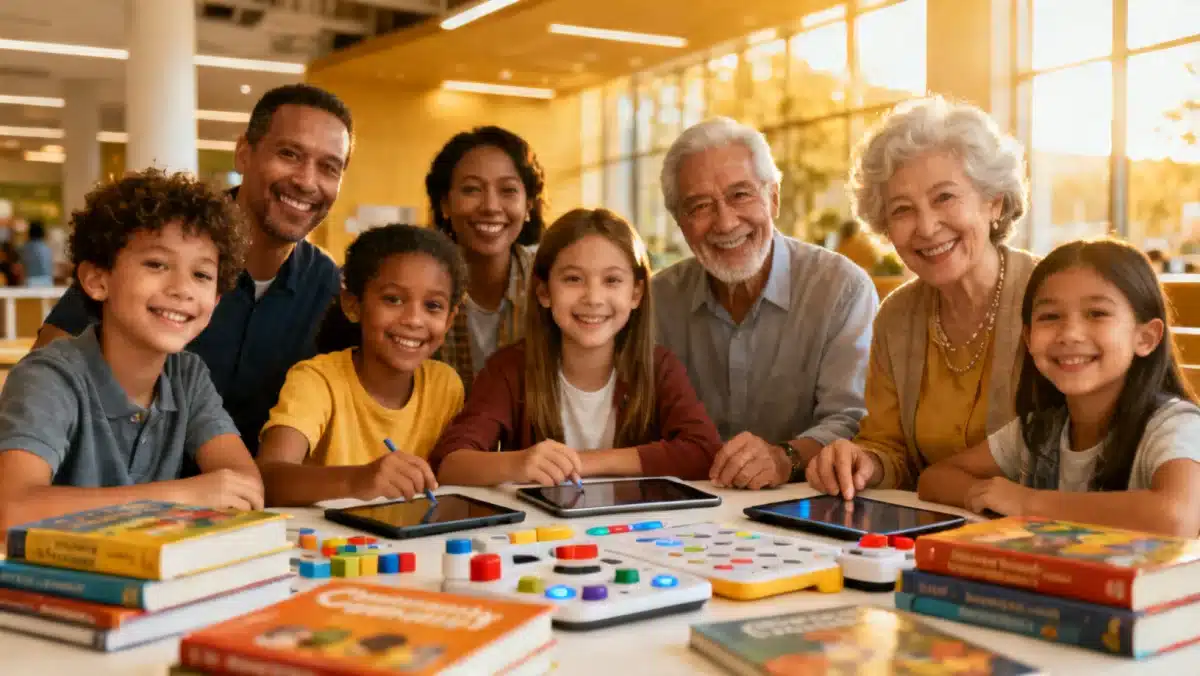 Grupo diverso de pessoas participando ativamente de um programa educacional comunitário, demonstrando aprendizado e inclusão.