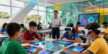 Alunos brasileiros em sala de aula futurista, interagindo com tecnologia avançada e aprendizado colaborativo.