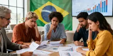 Pequenos e médios empresários brasileiros analisando documentos financeiros, com gráficos e a bandeira do Brasil ao fundo, simbolizando a reforma tributária de 2026.