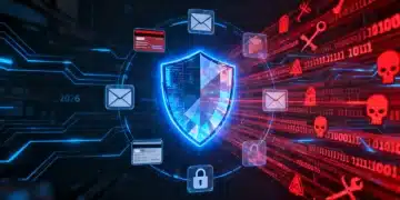 Escudo digital futurista protegendo dados pessoais de ataques cibernéticos em 2026 no Brasil