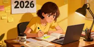 Jovem concentrada estudando para concursos públicos 2026, com livros e computador na mesa.