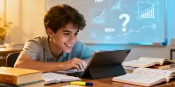 Estudante focado em tablet e livros, preparando-se para o ENEM 2026 com novas diretrizes.
