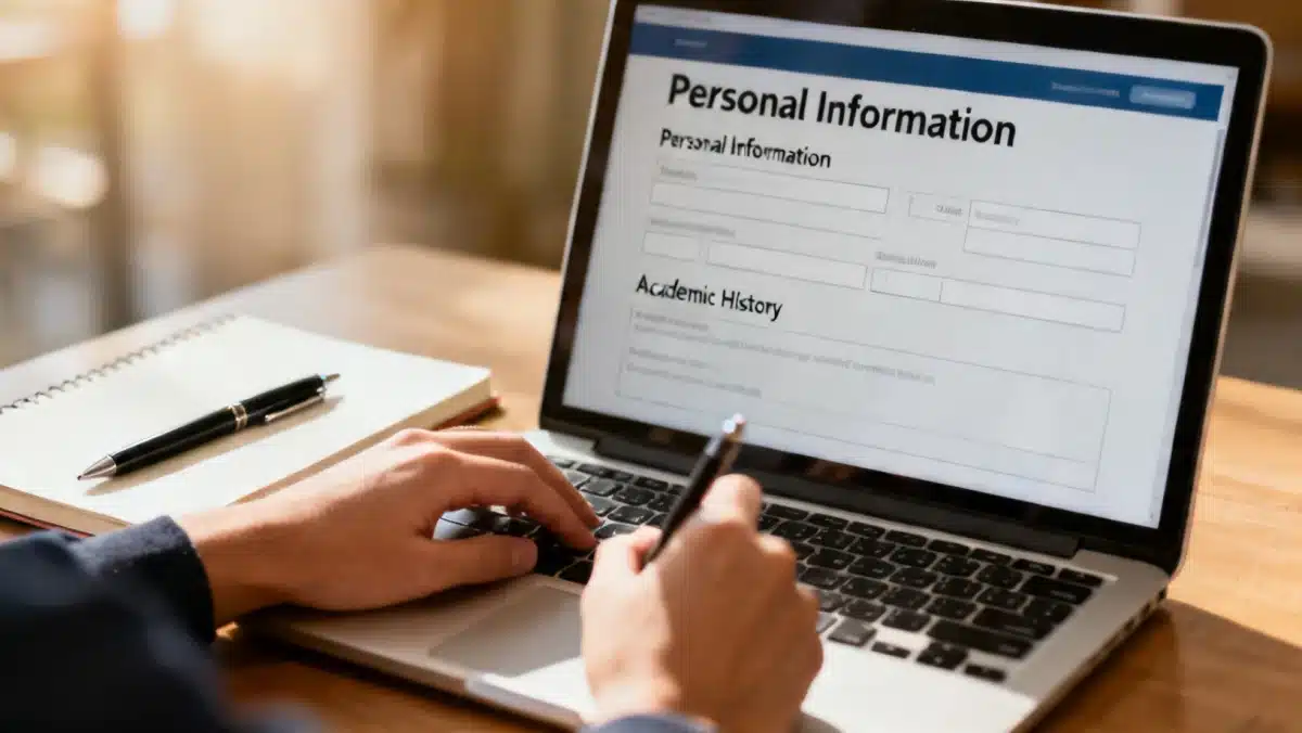 Mão de estudante preenchendo formulário online para bolsa de estudo.