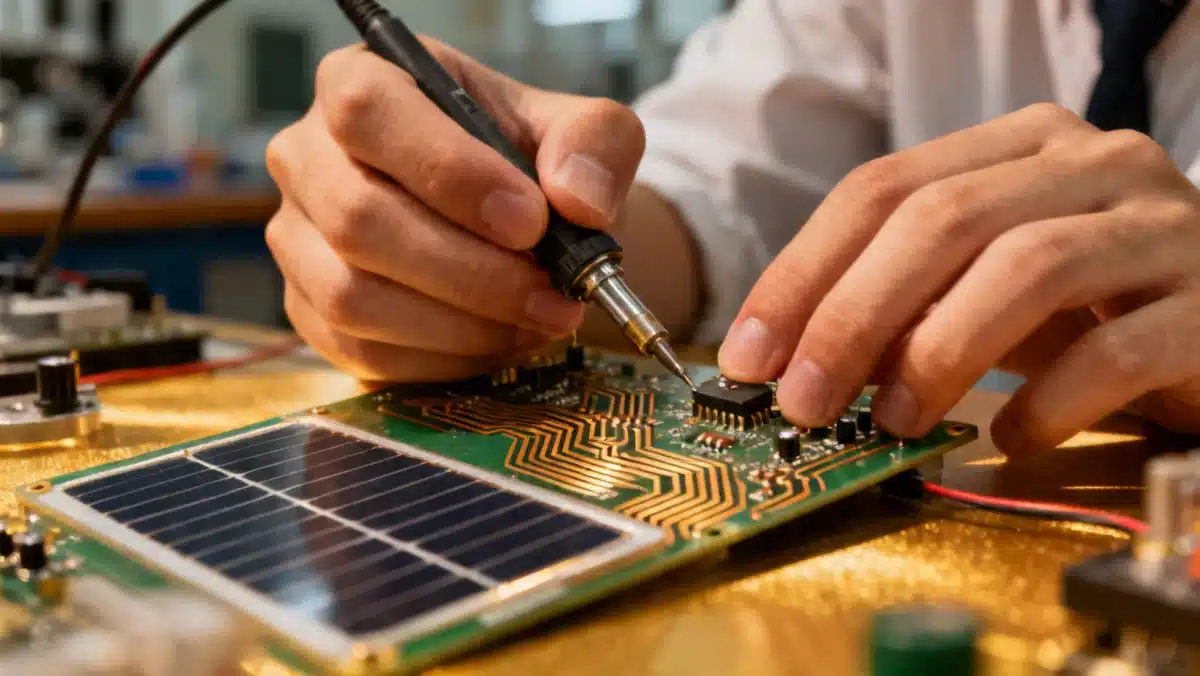 Mãos de estudante trabalhando em circuito eletrônico, representando a prática em cursos técnicos.