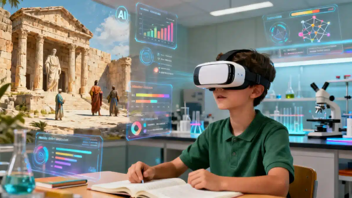 Estudante usando óculos de realidade virtual em ambiente de aprendizagem imersivo com IA.