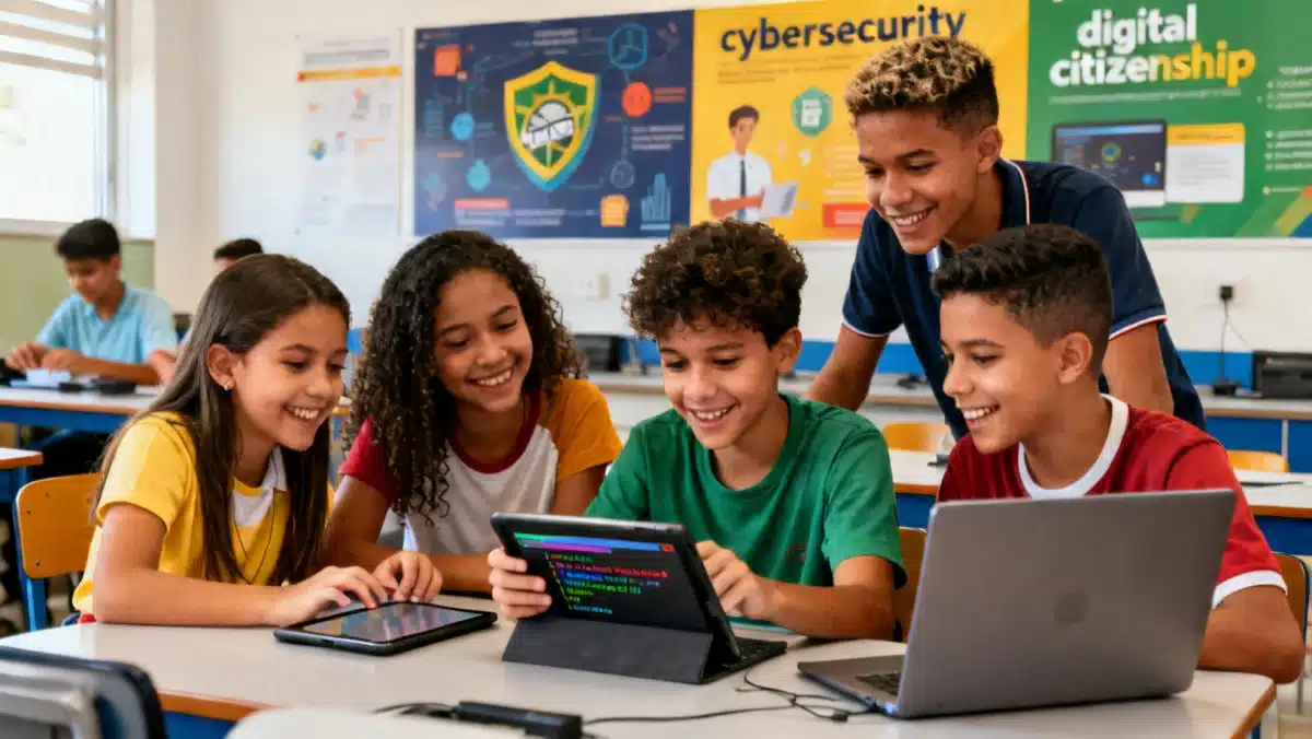 Estudantes brasileiros colaborando em projetos de programação em um laboratório escolar moderno, utilizando tablets e laptops.