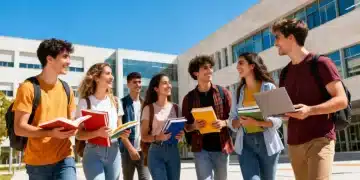 Estudiantes universitarios sonrientes en un campus moderno de España, representando las oportunidades de becas y ayudas.