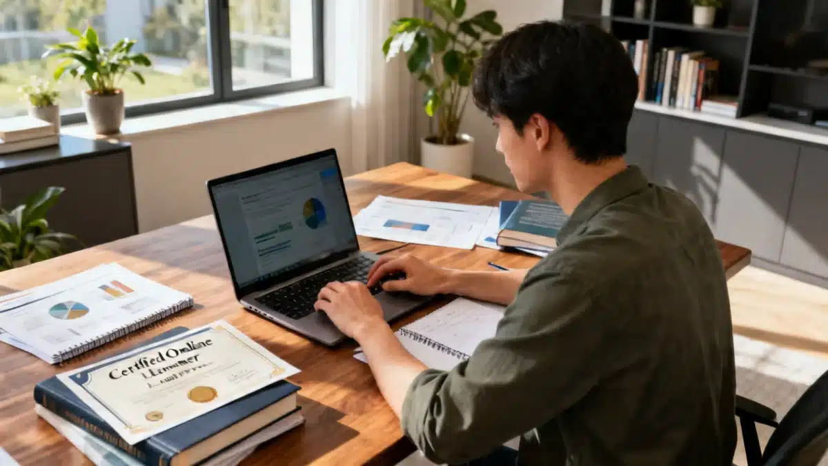 Pessoa focada em um laptop, estudando online em um ambiente de escritório doméstico moderno, com certificado visível.
