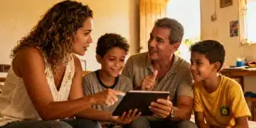 Auxílio Brasil 2026: Novas Regras, Mudanças e Como Garantir o Benefício Família brasileira unida, esperançosa, em casa simples, discutindo o futuro financeiro e as novas regras do Auxílio Brasil.