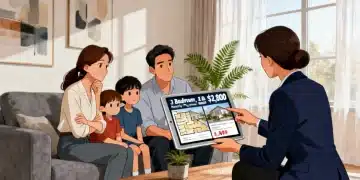 Família conversando com corretor de imóveis sobre opções de compra ou venda em ambiente moderno.