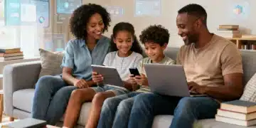 Pais e filhos interagindo com dispositivos digitais e livros, simbolizando educação parental equilibrada no mundo digital de 2026.