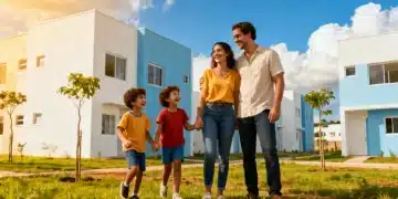 Moradia Social 2026: Benefícios e Guia Completo para Sua Casa Própria Família feliz em frente a um conjunto habitacional moderno, simbolizando a conquista da casa própria através de programas de moradia social em 2026.