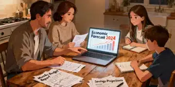 Família discutindo planejamento financeiro em casa, com notícias econômicas em um laptop.